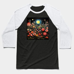 Surrealistic Folk Art Dark Floral Motif Blooming Flowers Garden Baseball T-Shirt